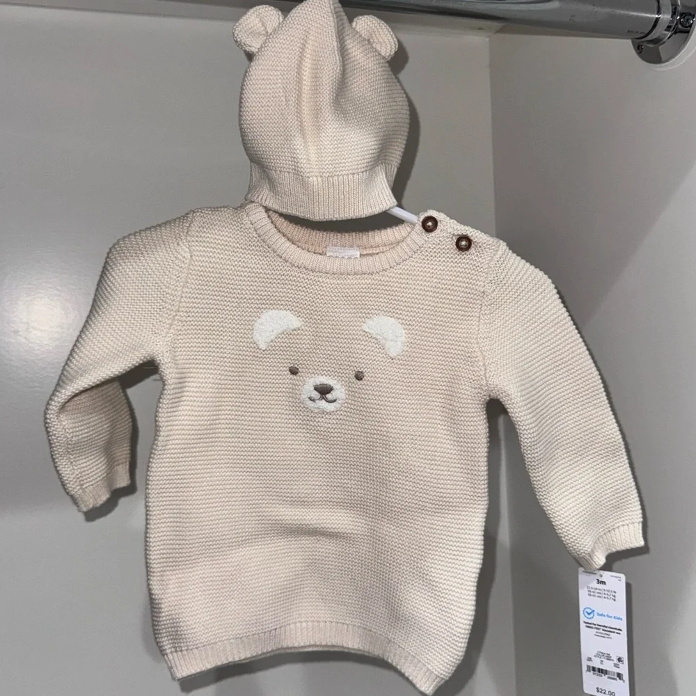 ☀️Carter's Cream Bear Knit Sweater and Hat Set